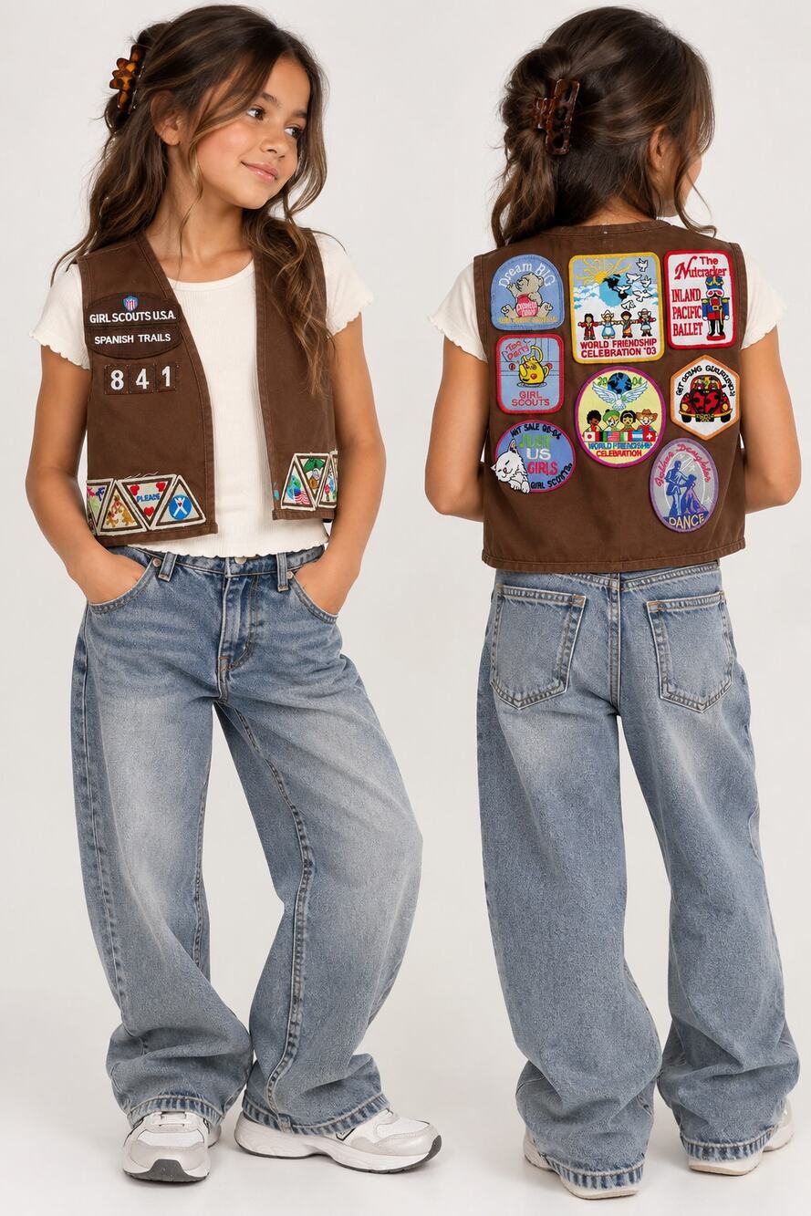 Vintage Y2K Girl Scouts USA Brown Vest Troop 841 Spanish Trails Badges Patches - Picture 1 of 4